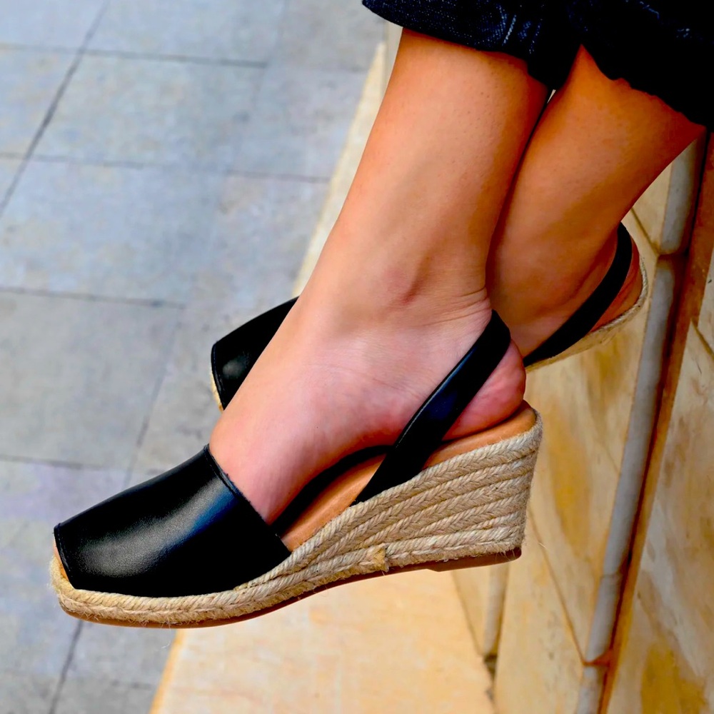 Spanish Sandal - black leather wedge espadrille - 39 (8.5-9) - EUC - worn twice